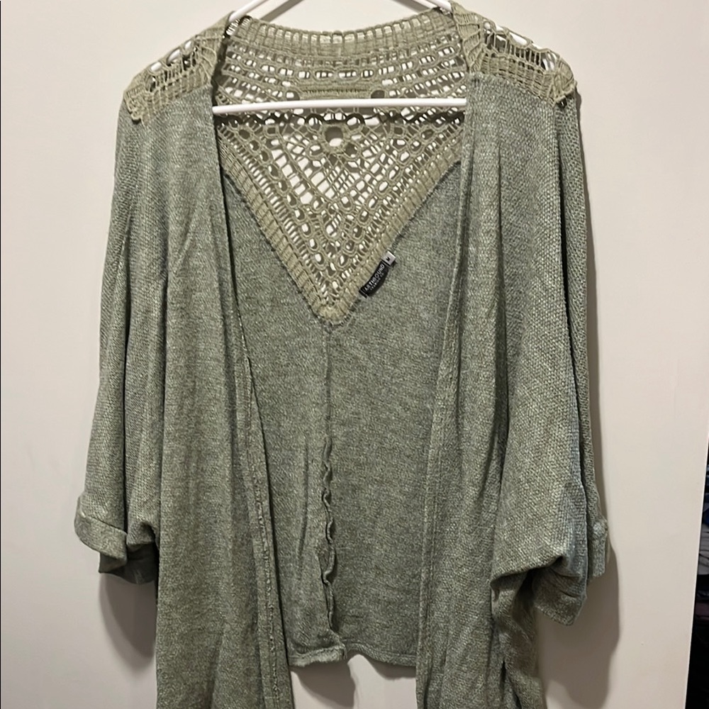 Green Knit Sweater with Crochet Detail